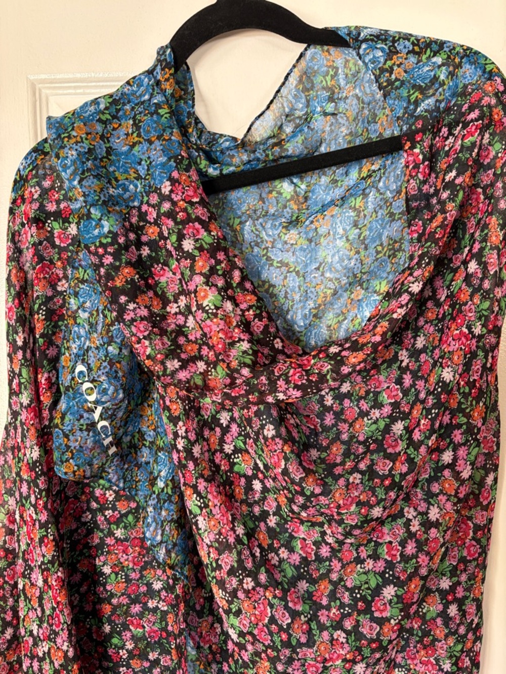 Coach Black Floral Scarf with Pink & Blue Blooms - Picture 4 of 7